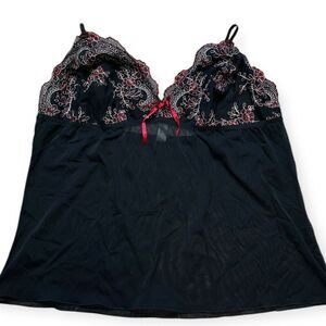 CACIQUE Women’s Black Floral Embroidered Sheer Bow Chemise Sleepwear Size 18 / 2